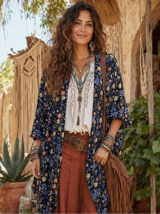Jackets & Blazers - Black Floral Open Kimono - Multicolor Flowers One Size